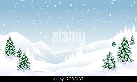 Winter landscape. Snow-capped mountains, spruce covered with snow. Snow, snowflakes. Winter scene. Stock Vector