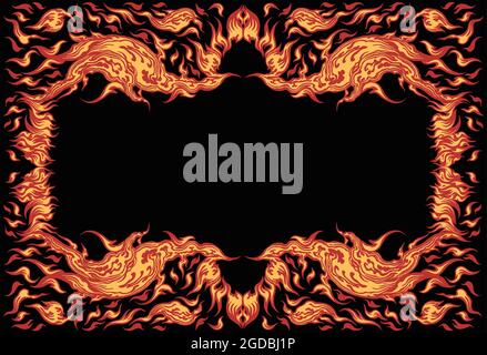 Fire frame. Editable hand drawn illustration. Vector engraving. Isolated on black background. 8 EPS Stock Vector