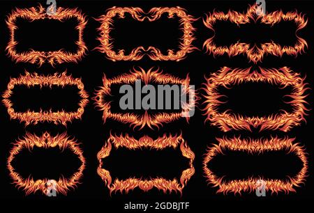 Fiery frames. Design set. Editable hand drawn illustration. Vector engraving. Isolated on black background. 8 EPS Stock Vector
