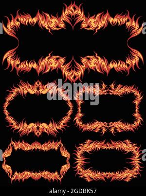 Fiery frames. Design set. Editable hand drawn illustration. Vector engraving. Isolated on black background. 8 EPS Stock Vector
