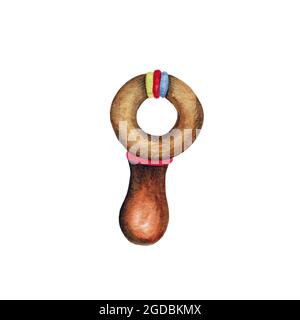 Watercolor illustration of a retro wooden rattle  Stock Photo