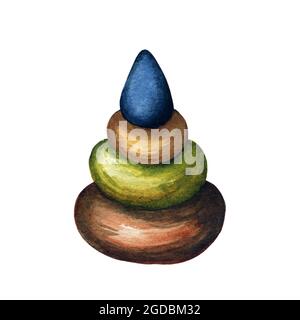 Watercolor hand drawn wooden pyramid infant toy Stock Photo