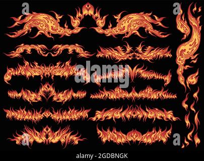 Fiery details. Design set. Editable hand drawn illustration. Vector engraving. Isolated on black background. 8 EPS Stock Vector
