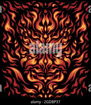 Face of fire. Editable hand drawn illustration. Vector engraving. Isolated on black background. 8 EPS Stock Vector