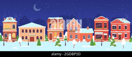 Christmas town. Night winter wonderland street with houses decorated for holidays and New year. Snow village seamless landscape vector scene Stock Vector