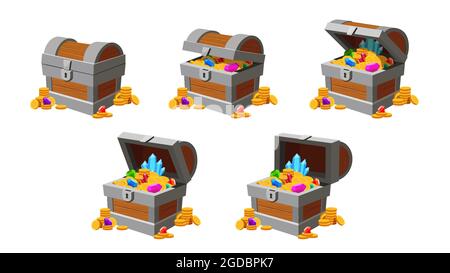 Treasure chest opening animation. Game money box with gold coins, diamonds and crystals. Cartoon closed and open pirate chests vector frames Stock Vector