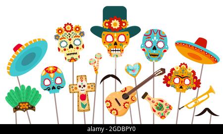 Dead of day photo booth. Skull masks, sombrero and props for Dia de los Muertos party. Mexican halloween holiday decorations flat vector set Stock Vector
