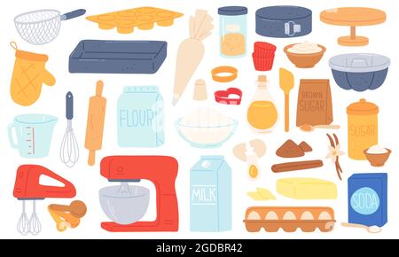 Flat baking ingredient, kitchen utensil and food product. Mixer, rolling pin, brown sugar flour and butter. Cooking pastry recipe vector set Stock Vector