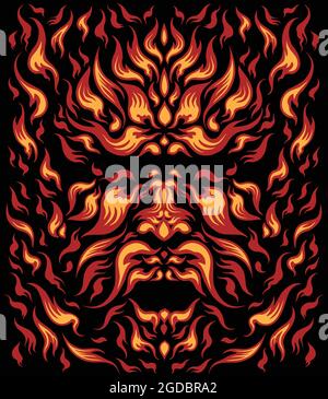 Face of fire. Editable hand drawn illustration. Vector engraving. Isolated on black background. 8 EPS Stock Vector