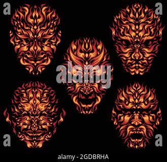 Faces of fire. Design set. Editable hand drawn illustration. Vector engraving. Isolated on black background. 8 EPS Stock Vector