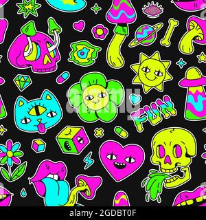 Surreal trippy seamless pattern with mushrooms and weird characters. Cartoon psychedelic animal, eyes, skulls and space badges vector print Stock Vector
