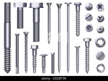 Realistic metal bolts, steel nuts, rivets and screws. Stainless construction hardware top and side view. Chrome bolt and pin head vector set Stock Vector
