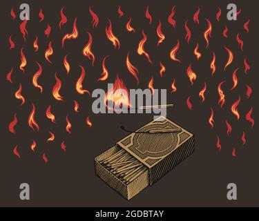 Matches and  flames. Design set. Editable hand drawn illustration. Vector engraving. Isolated on dark background. 8 EPS Stock Vector