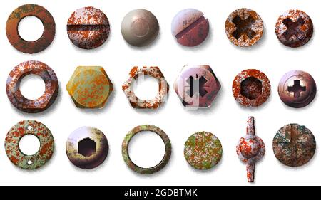 Realistic old rusty screw and bolt heads top view. Metal round and hexagon shaped nuts, nails and rivets with grunge rust texture vector set Stock Vector