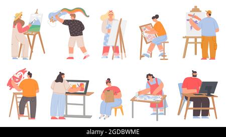 Art painters, digital artists and graphic designer characters. Men and women draw painting on canvas easel. Creative job or hobby vector set Stock Vector