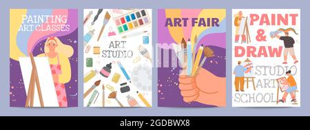 Art school or classes posters with characters and painting supply. Creative drawing course banners with paint brush and material vector set Stock Vector
