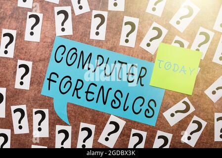 Conceptual display Computer Forensics. Business concept the investigative analysis techniques on computers Questioning Uncertain Thoughts, Discussing Stock Photo