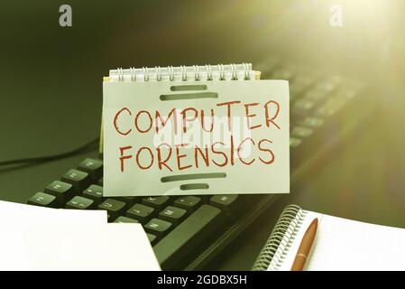 Conceptual caption Computer Forensics. Business idea the investigative analysis techniques on computers Publishing Typewritten Documents Online Stock Photo