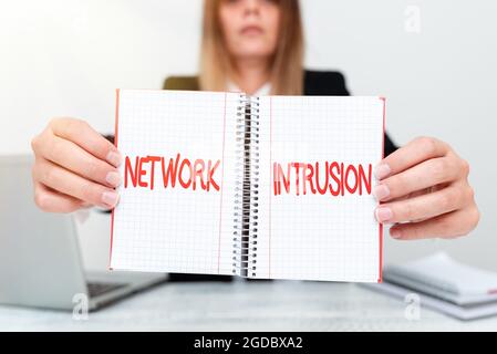 Text showing inspiration Network Intrusion. Business showcase device or software application that monitors a network Assistant Offering Instruction Stock Photo