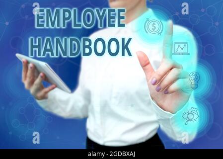 Handwriting text Employee Handbook. Internet Concept states the rules and regulations and policies of a company Lady In Uniform Standing Hold Phone Stock Photo