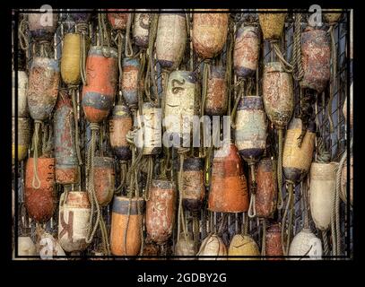 Many colorful buoys at fishing dock in Oregon, USA Stock Photo