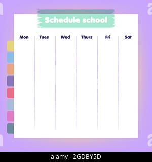 School schedule. Minimalist weekly planner. Sheet of paper with the days and stickers to put the hours. Back to school. Vector illustration, flat desi Stock Vector