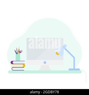 Work space at home. Desk office with desktop computer, lamp, books and supplies office. Vector illustration, flat design Stock Vector