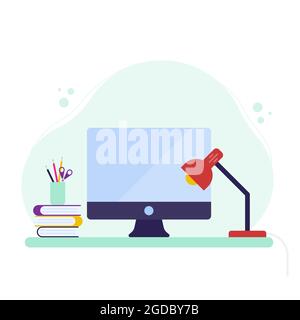 Work space at home. Desk office with desktop computer, lamp, books and supplies office. Vector illustration, flat design Stock Vector