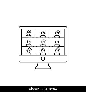 Video conferencing black outline icon. Desktop computer device video call. Online education, work at home. Vector illustration, flat design Stock Vector