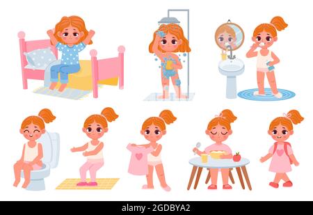 Cartoon little kid girl home daily routine. Cute child dress, shower, eat breakfast and exercise. Children morning healthy habits vector set Stock Vector