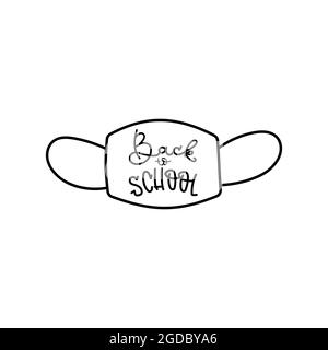 Medical mask icon with text. Black outline doodle. Back to school lettering. Vector illustration, flat design Stock Vector