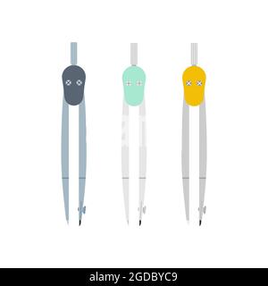 Three colored compasses. Technical drawing supply. Back to school. Vector illustration, flat design Stock Vector