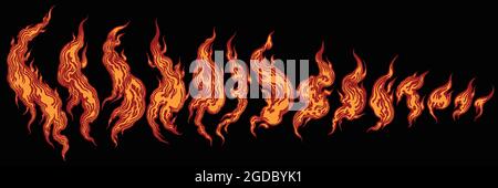 Flames. Design set. Editable hand drawn illustration. Vector engraving. Isolated on black background. 8 EPS Stock Vector