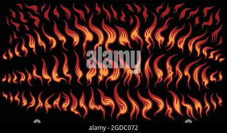 Flames. Design set. Editable hand drawn illustration. Vector engraving. Isolated on black background. 8 EPS Stock Vector