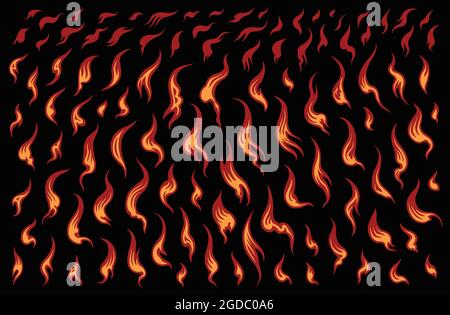Flames. Design set. Editable hand drawn illustration. Vector engraving. Isolated on black background. 8 EPS Stock Vector
