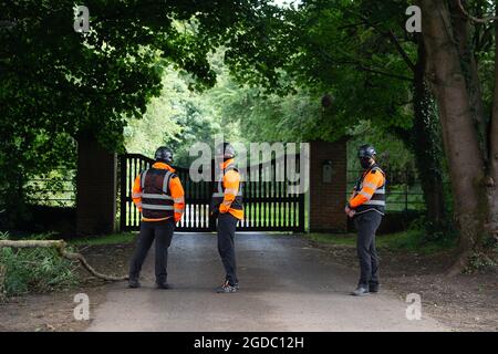 Wendover, Buckinghamshire, UK. 10th August, 2021. Black Onyx Security working for HS2 Ltd cover their faces so that they can't be recognised. Credit: Maureen McLean/Alamy Stock Photo