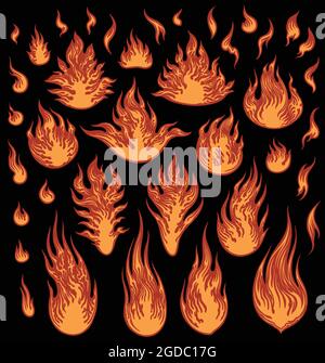 Flames. Design set. Editable hand drawn illustration. Vector engraving. Isolated on black background. 8 EPS Stock Vector