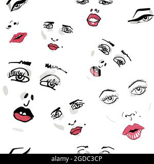 White background pattern with female faces with red lips. Stock Vector