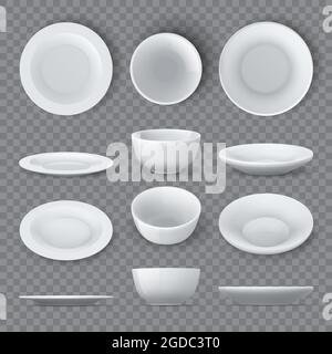 Dinner plates mockups. Realistic white ceramic dishes and empty bowl top, angle and side views. Porcelain round tableware dish 3d vector set Stock Vector