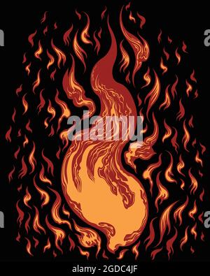 Flames. Editable hand drawn illustration. Vector engraving. Isolated on black background. 8 EPS Stock Vector