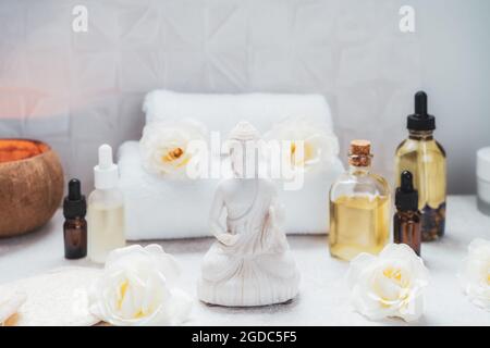 Spa and wellness massage setting. Concept of Asian relaxing spa procedure with essential oils. Alternative medicine and body care. Selective focus Stock Photo