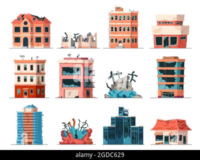Old ruined, abandoned and collapsed city office buildings. Apartment houses damaged by war or earthquake. Broken town buildings vector set Stock Vector