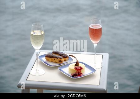 Champagne and tasty snacks on cruise ship balcony Stock Photo