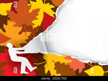 Autumn paper background, promotion man ripped paper. Male silhouette ripping paper background with autumn leaves. Stock Vector
