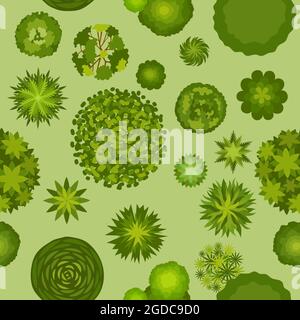 Forest landscape with trees top view seamless pattern. Map plan with bush and tree plants. Green park or garden aerial scheme vector texture Stock Vector