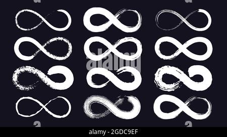 Infinity symbols or eternity loop drawn with grunge ink brush. Endless line stroke. Calligraphy infinite emblem. Moebius ribbon vector set Stock Vector