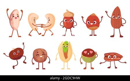 Cartoon funny nut, bean and seed characters with faces. Happy walnut, oak acorn, peanut, almond and cashew. Healthy snack mascot vector set Stock Vector