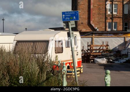 Edinburgh Scotland, UK July 31 2021; General views of caravans parked at King's Place between Portobello and Seafield and next to the sandy beach Stock Photo