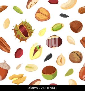 Cartoon dry nut and seed mix seamless pattern. Print with peanut, walnut, hazelnut, pecan and pistachio. Organic vegan snack vector texture Stock Vector
