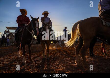 Cowboys, during the rodeo circuit in the new arena El Shejon with the participation of the brands Corona Buckles, Sonora Saddlery and Cas Cov Rodeo on July 17, 2021 in Carbo, Mexico. Cowboys sport, horse riding and Bull riding, a strong circuit in Chihuahua, followed by Sonora and Baja California Mex. and neighboring US states. Rodeo is a traditional American extreme sport influenced by the history of Spanish cowboys and Mexican charros. It consists of riding wild colts or wild cattle (such as steers and bulls) bareback and performing various exercises, such as throwing the lasso, rejonear, Stock Photo